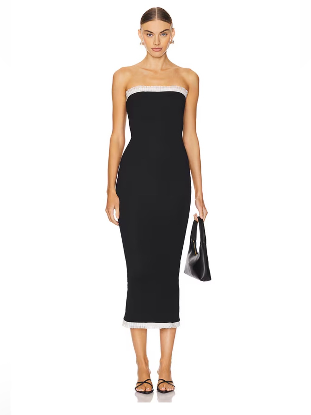 More To Come | Revolve Addison Strapless Tube midi Ruffle Trim Dress Black White